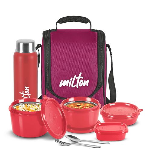 Milton Pro Lunch Box With Insulated Fabric Bag 3 Microwave Safe Stainless Steel Containers (180 Ml 320 Ml 450 Ml) 100 Ml Chutney Container 750 Ml Steel Bottle & Steel Cutlery Maroon
