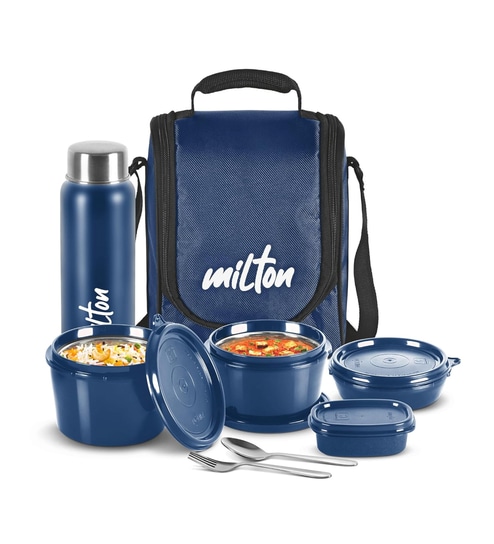 Milton Pro Lunch Box With Insulated Fabric Bag 3 Microwave Safe Stainless Steel Containers (180 Ml 320 Ml 450 Ml) 100 Ml Chutney Container 750 Ml Steel Bottle & Steel Cutlery Blue