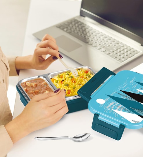 Milton Fun Feast 2 Compartment Kids Lunch Box 560 Ml Inner Stainless Steel Pu Insulated Bpa Free Blue