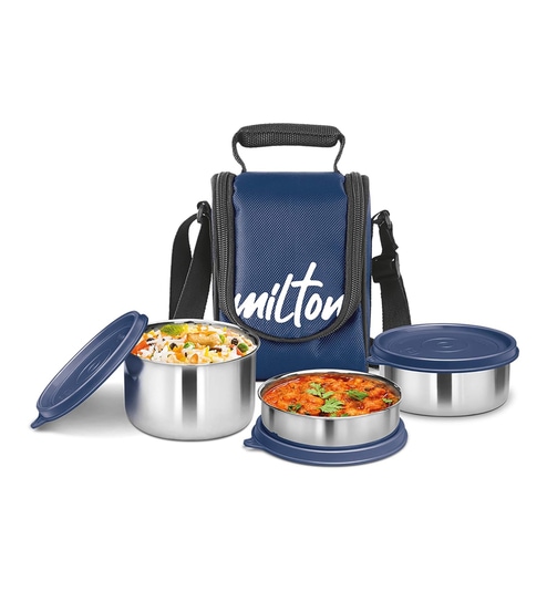 Milton Tasty 3 Lunch Box With Insulated Fabric Bag 3 Stainless Steel Containers (200 Ml 320 Ml 500 Ml) Blue