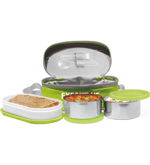 Milton Executive Lunch Box With Insulated Bag 2 Stainless Steel Containers (280 Ml Each) & 1 Microwave Safe Oval Container (450 Ml) Green