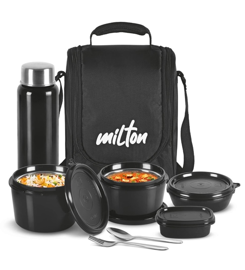 Milton Pro Lunch Box With Insulated Fabric Bag 3 Microwave Safe Stainless Steel Containers (180 Ml 320 Ml 450 Ml) 100 Ml Chutney Container 750 Ml Steel Bottle & Steel Cutlery Black