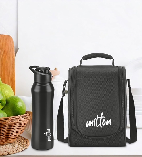 Milton Food Fiesta Lunch Box With Insulated Bag 3 Microwave Safe Stainless Steel Containers (320 Ml Each) 280 Ml Plastic Container & 750 Ml Comet Bottle Black