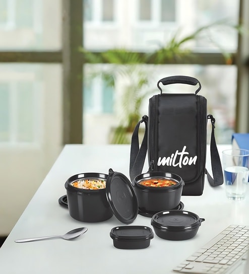 Milton Pro Munch Lunch Box With Insulated Fabric Bag 3 Microwave Safe Stainless Steel Containers (180 Ml 320 Ml 450 Ml) 100 Ml Chutney Container & Steel Spoon Black