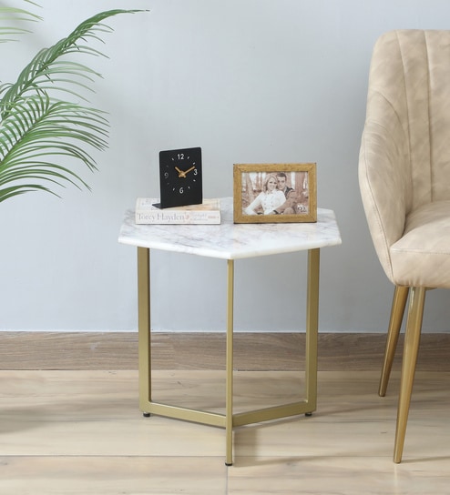 Minaj Metal End Table In Gold Finish With Marble Top