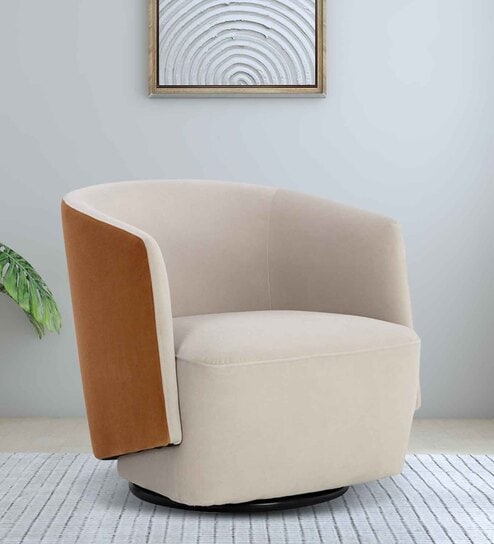 Minceta Velvet Swivel Barrel Chair in Off White and Brown Colour