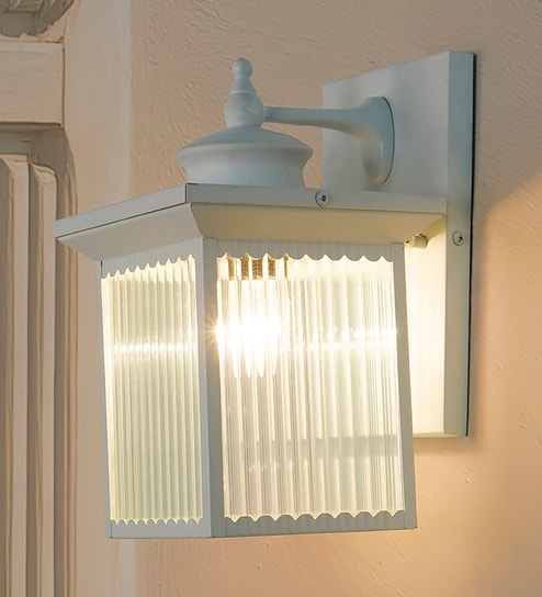 Mini Transitional Outdoor Wall Sconce | White Cuboid Frame with Fluted Glass