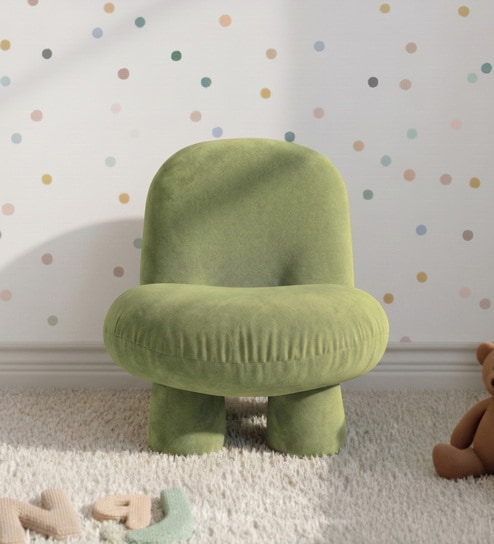 Mini Velvet Kids Accent Chair In Olive Green Colour