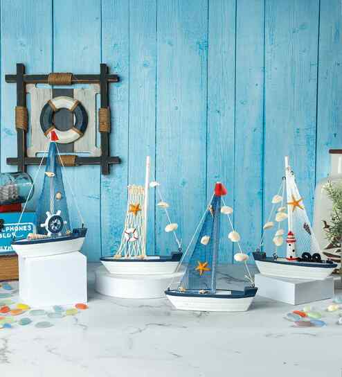 Dark Blue Mini Wooden Sailboat Model Decoration Borderstarfish