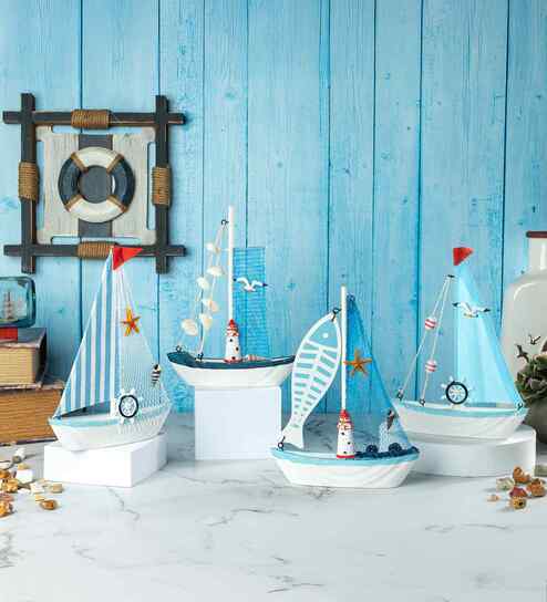 Mini Wooden Sailboat Model Decoration Light Blue Borderbig Fish