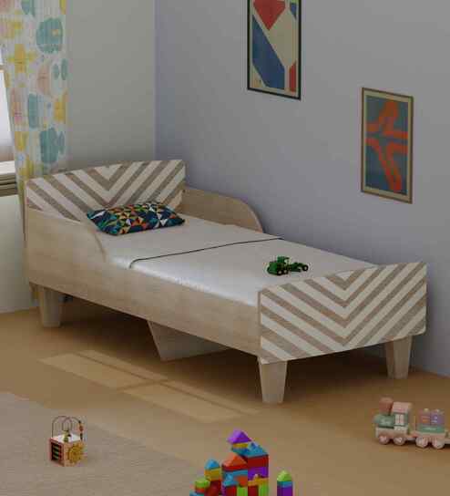 Minimalist Kids Toddler Bed in Oak and White Stripes