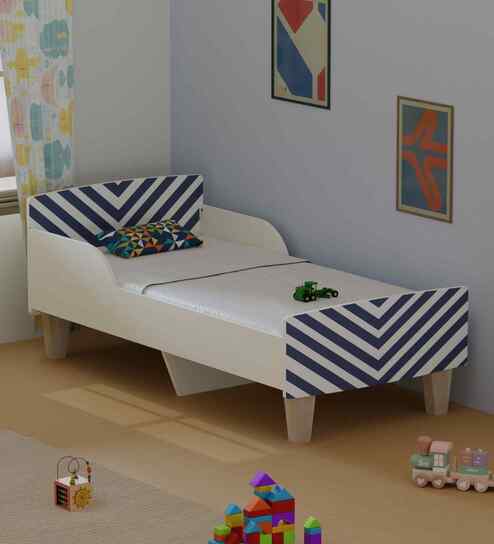 Minimalist Kids Toddler Bed in White and Blue Stripes
