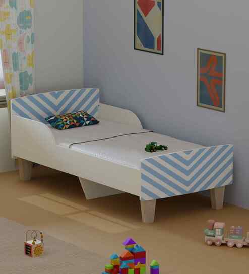 Minimalist Kids Toddler Bed in White and Light Blue Stripes