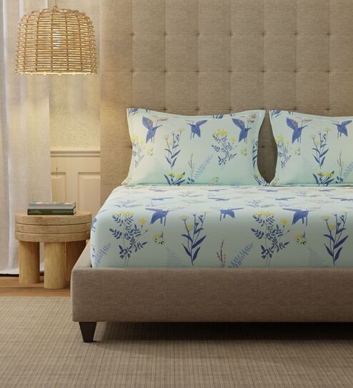 Mint Blue Floral 200 TC Cotton Double Bedsheet with 2 Pillow Covers