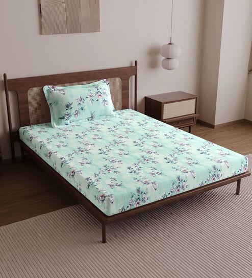 Mint Green Floral 144 Tc Cotton Elastic Fitted Single Bedsheet With Pillowcover