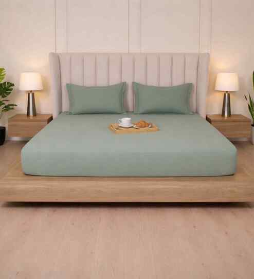 Minted Meadows Solid 300 TC Pure Cotton King Fitted Bedsheet with 2 Pillow Covers