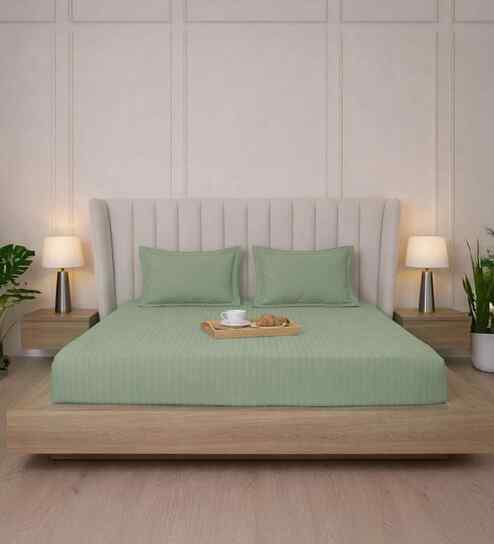 Minted Meadows Stripe 300 TC Pure Cotton King Fitted Bedsheet with 2 Pillow Covers