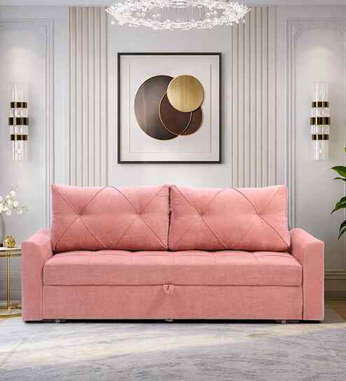 Mira Chenille Fabric Sofa Cum Bed in Dusty Coral Colour With Storage
