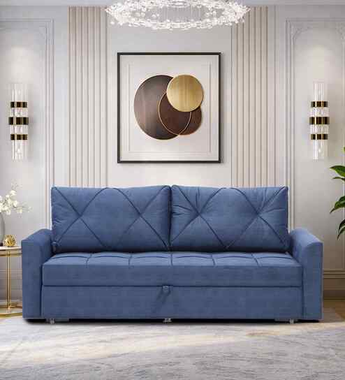 Mira Velvet Fabric Sofa Cum Bed in Midnight Blue Colour With Storage