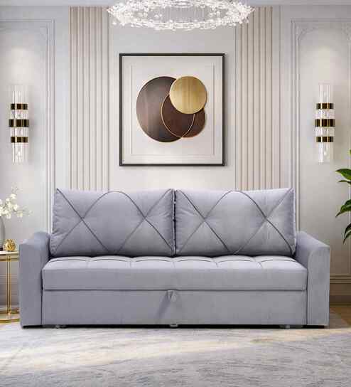 Mira Velvet Fabric Sofa Cum Bed in Stone Grey Colour With Storage