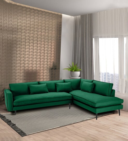 Mireya Fabric LHS Sectional Sofa (3+ Lounger) In Dark Green Colour