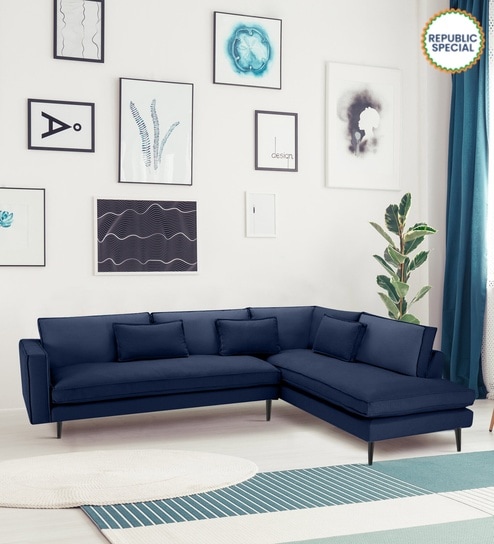 Mireya Fabric LHS Sectional Sofa (3+ Lounger) In Navy Blue Colour