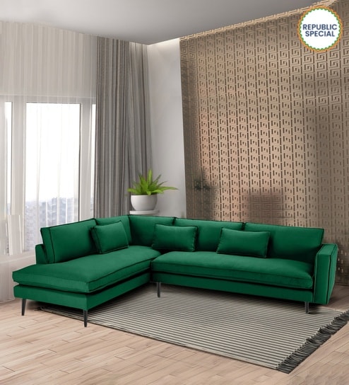 Mireya Fabric RHS Sectional Sofa (3+ Lounger) In Dark Green Colour