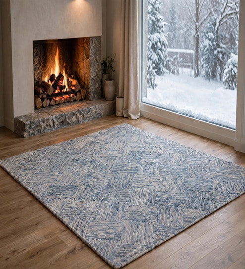 Mist Blue Geometric Wool And Cotton 7 X 5 Feet Hand Tufted Carpet