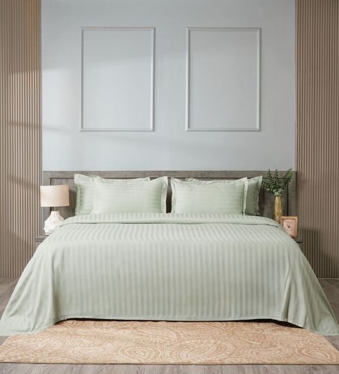 Green 300TC 100% Cotton Stripe Flat Super King Bedsheet with 2 Pillow Covers