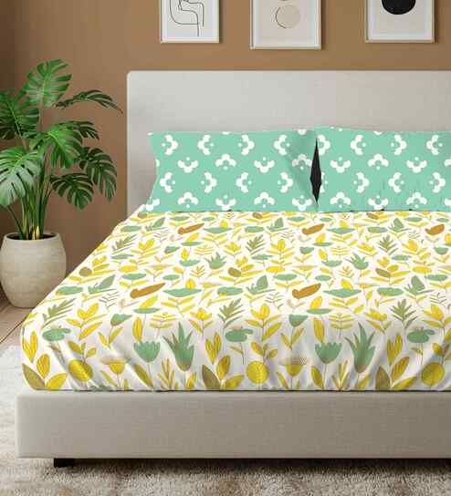 Mist Mint Green Floral 144 Tc Cotton Double Bedsheet With 2 Pillow Covers