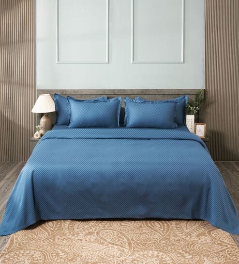 Drak Blue 300TC 100% Cotton Flat Chekered Super King Bedsheet with 2 Pillow Covers