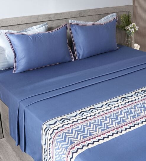 Misty Denim 300TC 100% Cotton Solid Flat Embroidered Super King Bedsheet With 2 Pillow Covers
