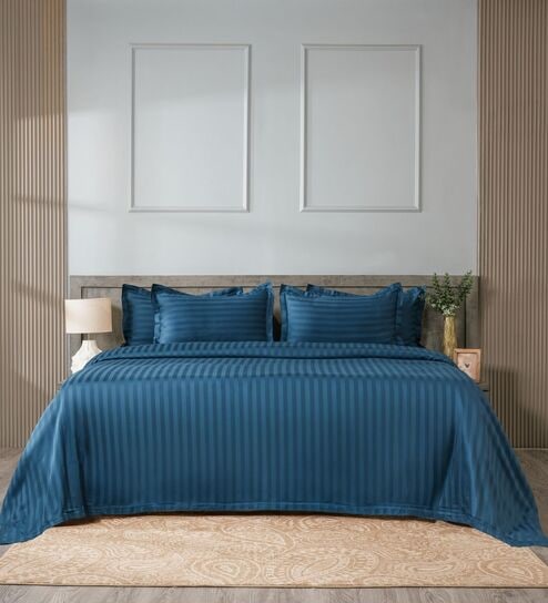 Drak Blue 300TC 100% Cotton Stripe Flat Super King Bedsheet with 2 Pillow Covers