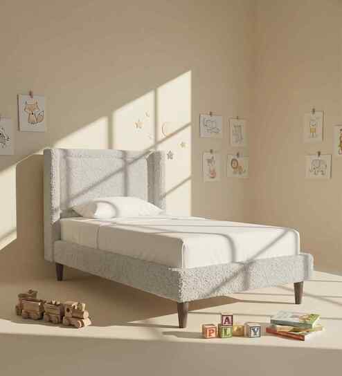 Misty Moon Boucle Kids Twin Bed With Hydraulic Storage In Cream Colour