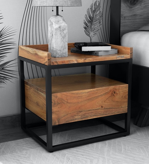 Buy Miwok Solid Wood Night Stand In Premium Acacia Finish With Black Frame By Bohemiana Online Industrial Night Stands Tables Furniture Pepperfry Product