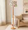 Mid Century Modern Floor Lamp, Hand-turned Wood, Fabric Lampshade, Vine and Flowers