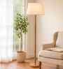 Mid Century Modern Floor Wooden Lamp with Fabric Lampshade, White