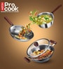Milton Pro Cook Triply Stainless Steel Cookware Set 4 Pieces 16 Cm Tea Pan 22 Cm Fry Pan & 24 Cm Kadhai With Glass Lid