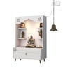 Minimalist White Wooden Floor Pooja Mandir with Open Shelves Om Engraving & Drawer