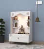 Minimalist White Wooden Floor Pooja Mandir with Open Shelves Om Engraving & Drawer