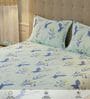 Mint Blue Floral 200 TC Cotton King Sized Bedsheet with 2 Pillow Covers