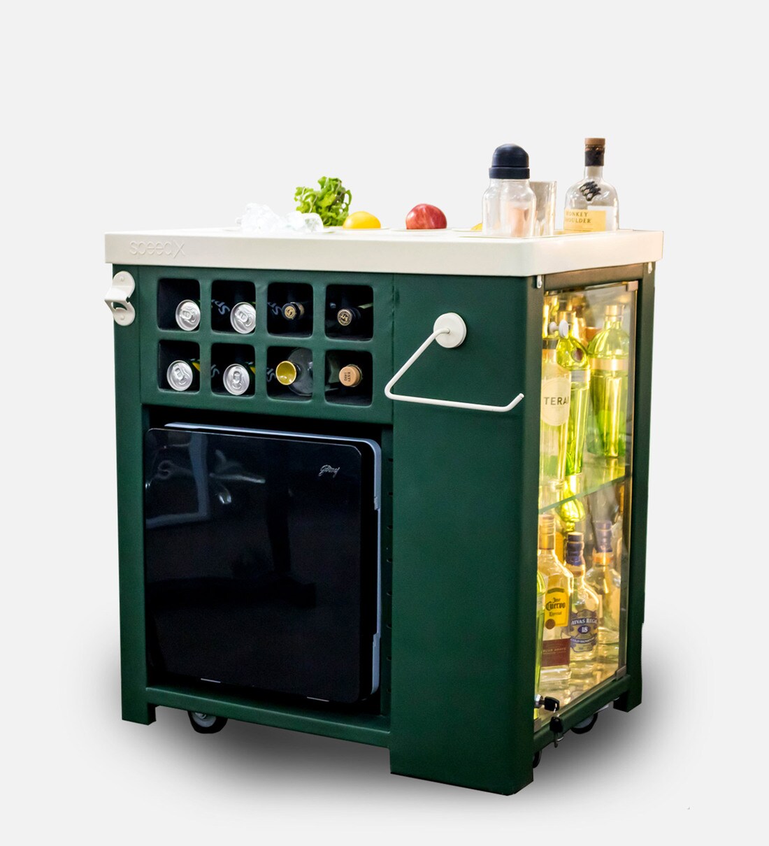 Buy All-In-One Metal Bar Cabinet in Leather Green Finish With Built-In 30L  Godrej Qube Fridge Wheels at 40 OFF by HAUS OF BARS by SpeedX Pepperfry