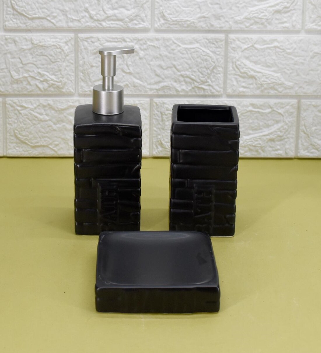 Buy Modern Black Ceramic Set of 3 Bath Accessories Set by Kookee at 20