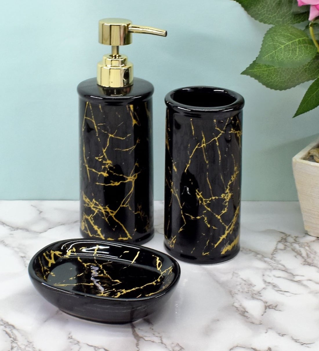 Buy Modern Black Ceramic Set of 3 Bath Accessories Set by Kookee at 20% ...