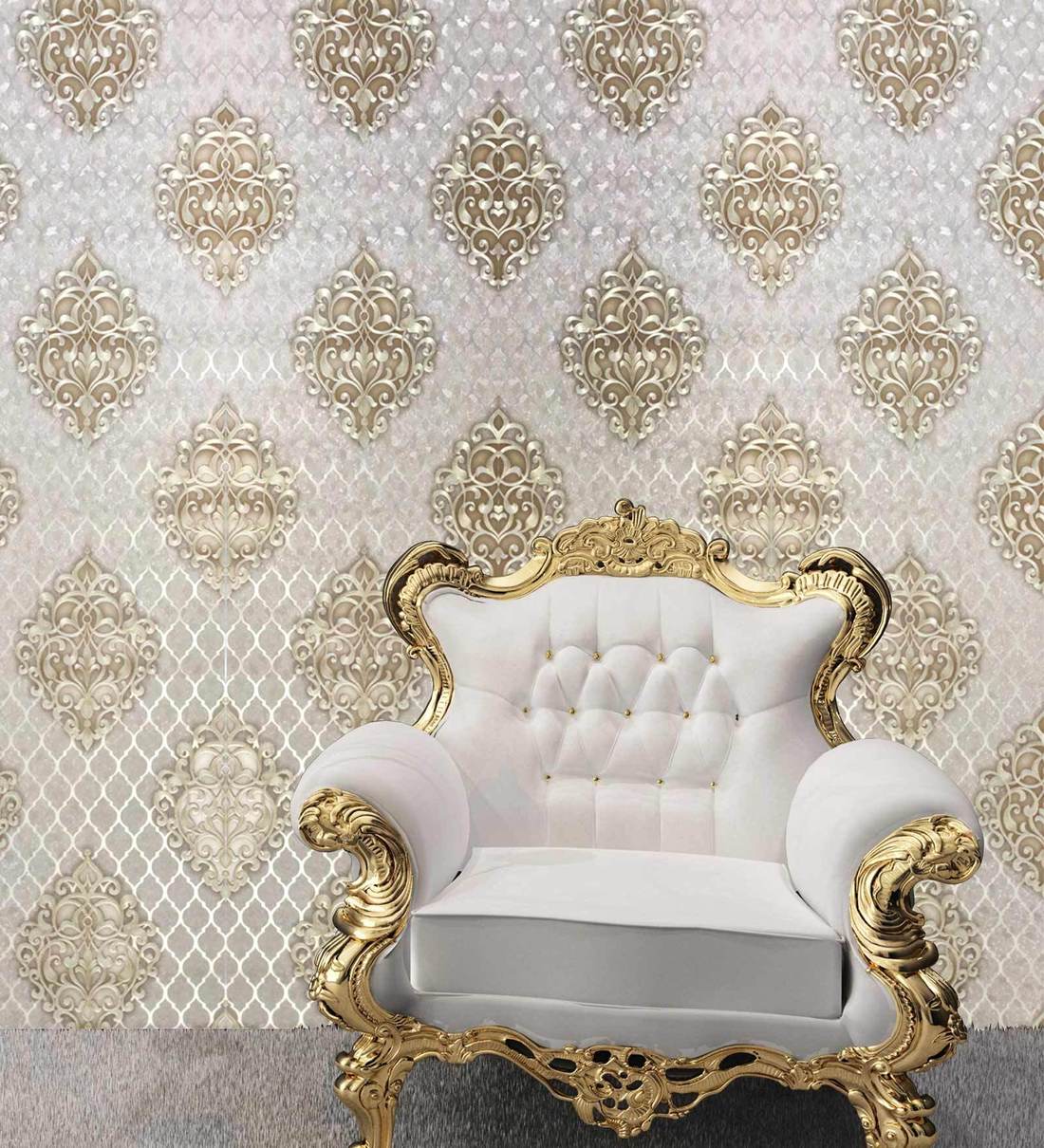 Buy Ivory Gold Modern Damask Design Wallpaper By Konark Decor Online