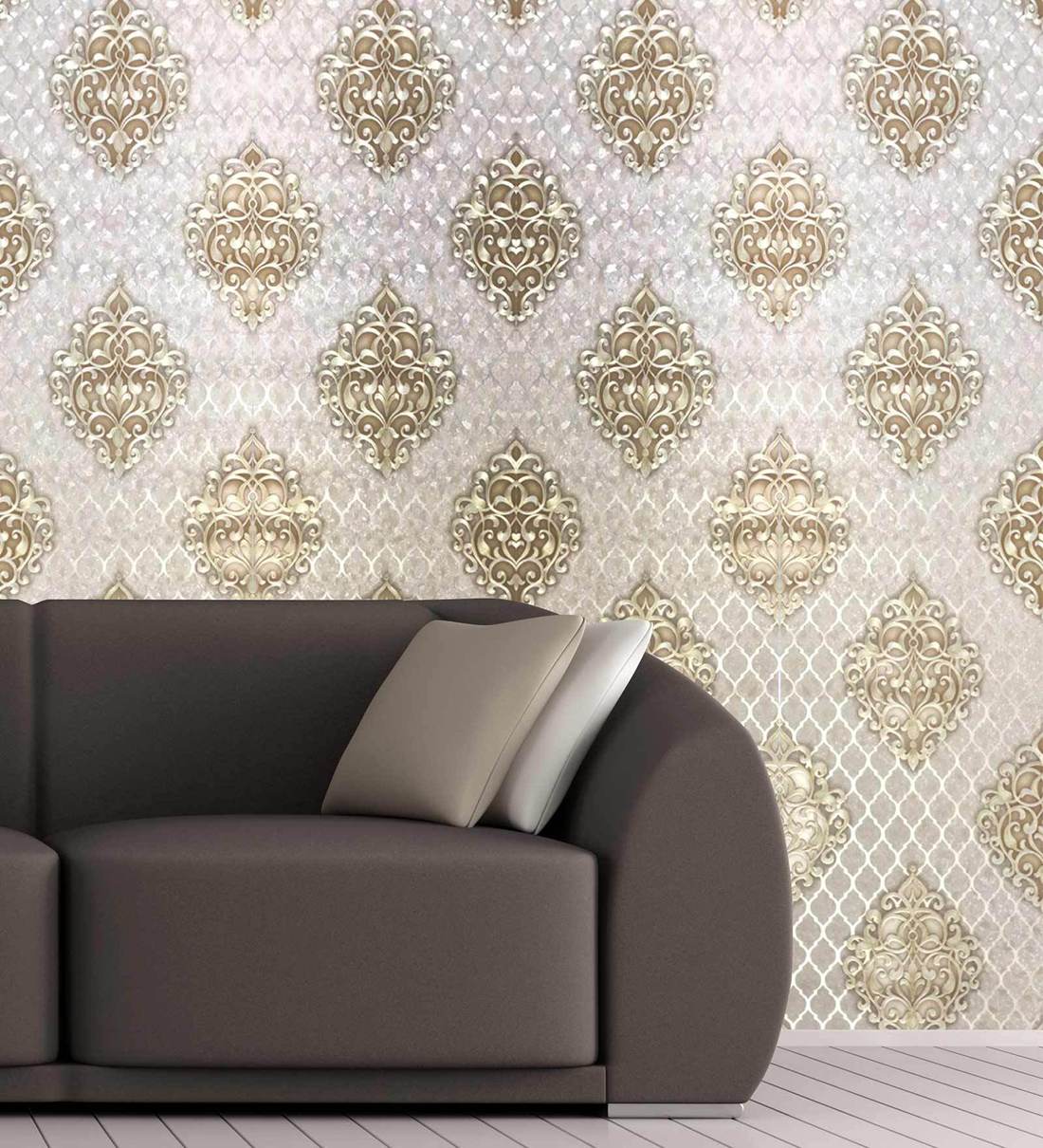 Buy Ivory Gold Modern Damask Design Wallpaper By Konark Decor Online