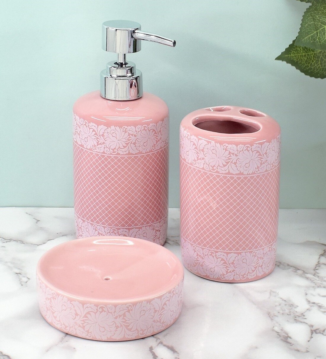 Buy Modern Pink Ceramic Set of 3 Bath Accessories Set by Kookee at 11