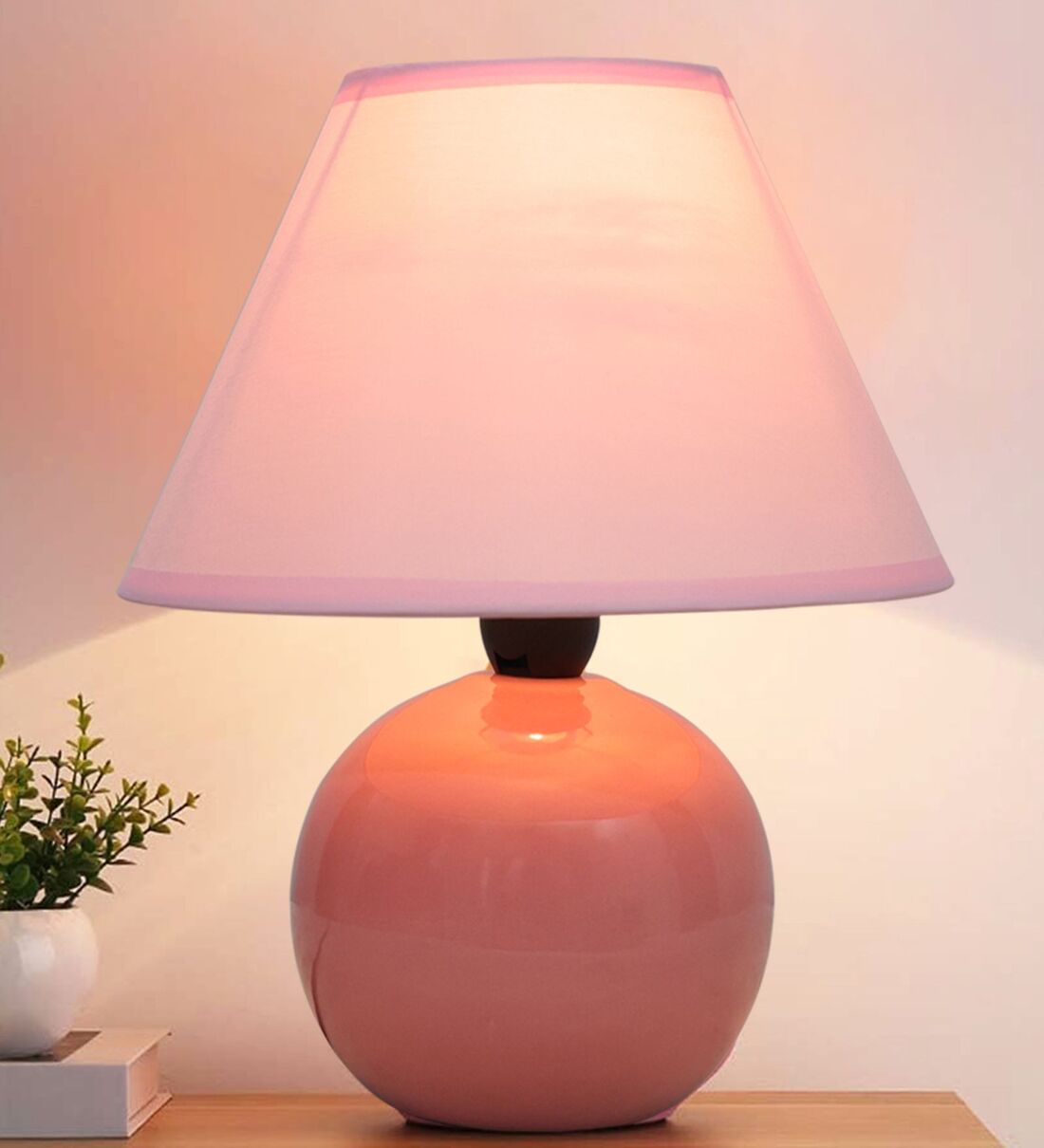 Buy Modern Round Small Ceramic Night Table Lamp with Pink Fabric Shade at 69 OFF by Homesake