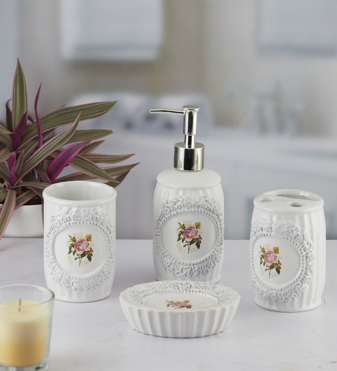 Modern White Ceramic Set of 4 Bath Accessories Set by Kookee
