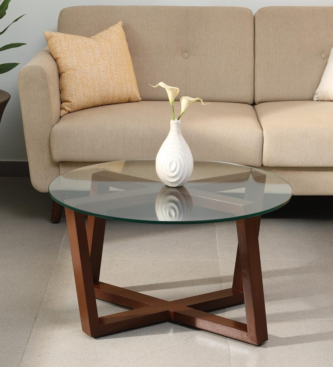 Buy Modish Glass Top Coffee Table in Natural Teak Wood Finish at 44